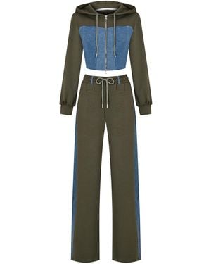 Gov Denim Denim Detail Cotton Tracksuit Set With Two-Way Zipper – - Green