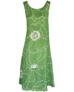 Haris Cotton Satin Sleeveless Dress With Deep Back Peonies - Green
