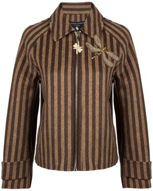 House of Laines London Neutrals Laines Couture Cashmere Blend Stripe Jacket With Embellished Dragonfly Brooch - Brown