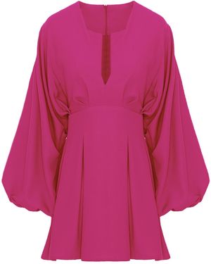 BLUZAT Fuchsia Mini Dress With Balloon Sleeves And V-Neck - Purple