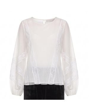 concept A trois Blouse With Tulle Sleeves And Tone-On-Tone Lace - White