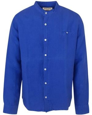 Haris Cotton Slim Fit Mandrin Neck Linen Shirt-Lapis - Blue