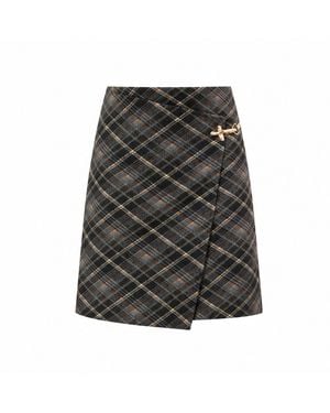 Yumi' Check Wrap Skirt With Buckle - Gray