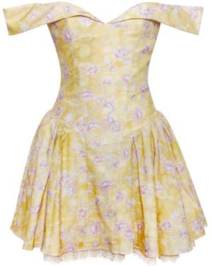 Miss Circle New York Oana Floral Print Linen Collared Off Shoulder Mini Dress - Yellow