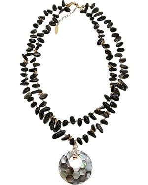 Farra Obsidian With Shell Pendant Classical Necklace - Black
