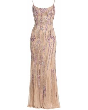 Mac Duggal Neutrals Spaghetti Strap Beaded Column Gown - Natural