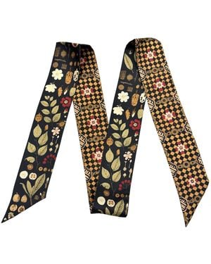 Wenzi Mulberry Silk Ribbon Scarf, Long Skinny Scarf, Hair Scarf, Purse Scarf, Botanical Ribbon - Black