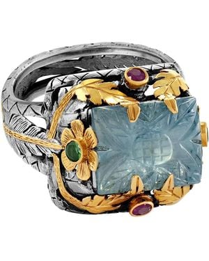 Emma Chapman Jewels Hand-Carved Aquamarine Ruby Tsavorite Statement Ring - Metallic