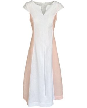 Haris Cotton Two Colored Linen Maxi Dress With Cup Sleeves And Front Pleat - White