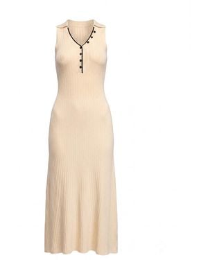Tantra Spain Sl Neutrals Long Sleeveless Pleated Knit Dress With Buttons, And Topstitching Detail - Natural