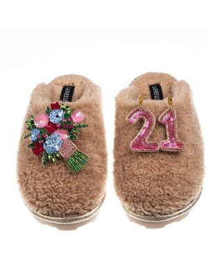 Laines London Teddy Closed Toe Slippers With 21St Birthday & Flowers Brooches - Brown