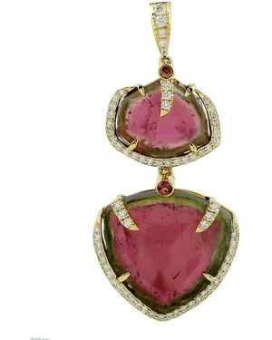 Artisan Watermelon Tourmaline & Diamond Drop Pendant - Red