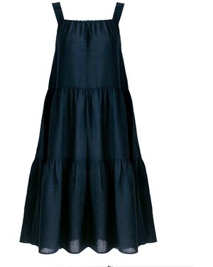 Zenzee Cotton Linen Gathered Strap Tiered Dress - Blue