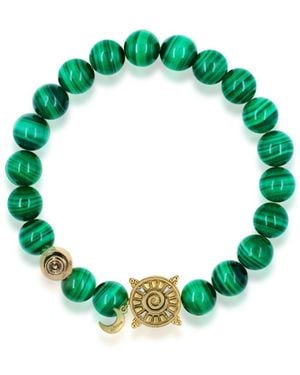 Aurozia Three Charms Solar Meridian Whitegold Plated Sundial And The Sun Coin Malachite Beaded Bracelet - Green