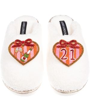 Laines London Neutrals Teddy Closed Toe Slippers With 21St Stripe Heart Birthday Brooches - Red