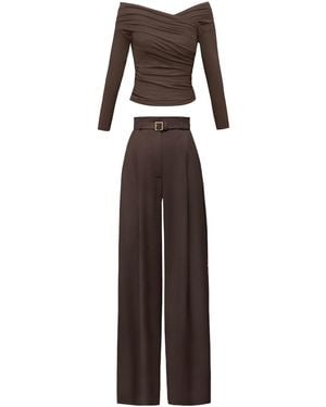 ALINA CERNĂTESCU Anuska Set Dark Two Piece Office & Cocktail Set With Draped Wool Blouse & Belted Trousers - Brown