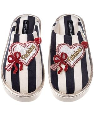 Laines London Flatform Stripe Closed Toe Slippers With Fucking Fabulous Heart Brooches - Red