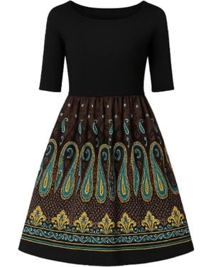 Conquista Elegant Midi Dress With Paisley Print Skirt - Black