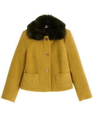Louche Apple Borg Faux Fur Collar Cropped Jacket – Mustard - Yellow
