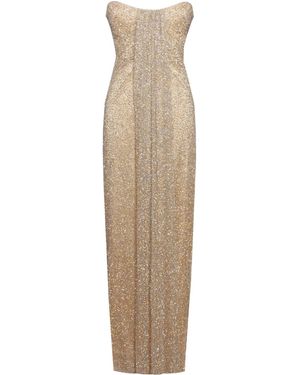 Miss Circle New York Ada Rhinestone Embellished Strapless Gown With Head Scarf - Natural