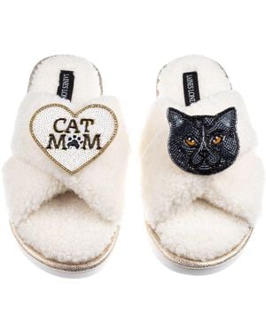 Laines London Neutrals Boucle Slippers With Cat Mum/Mom & British Shorthair Brooches - White