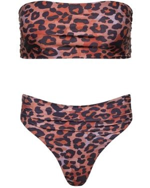 Playaluxe Capri Leopard Ruched High Waist Thong Bikini Set - Purple