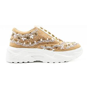 Rettrose Neutrals Ava Luxury Pale Sand Suede Handmade Embellished Sneakers - Natural