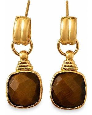 By Ozge Golden Focus Natural Tiger's Eye Plated Drop Earrings - Metallic