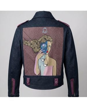 Zasta Studio Zodiac Libra Denim Embroidered Biker Jacket - Blue