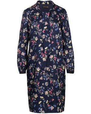 Conquista Floral Print Long Sleeve Dress With Tie Collar - Blue