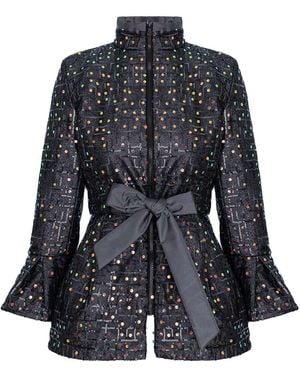 concept A trois Short Quilted Anthracite Jacket With Fine Sequins With Collar And Drawstring - Blue