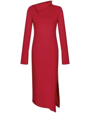 Monosuit Long Sleeve High Neck Asymmetrical Shift Basic Midi Dress - Red