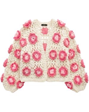 Cy Boutique Statement Crochet Flower Cardigan – Cream - Pink
