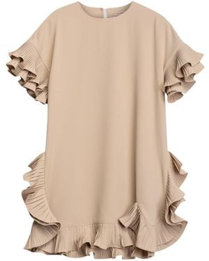 Niza Esme Short Dress With Round Neckline And Pleated Ruffles - Natural