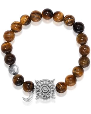 Aurozia Three Charms Solar Meridian Whitegold Plated Sundial And The Sun Crystal Tiger's Eye Beaded Bracelet - Brown
