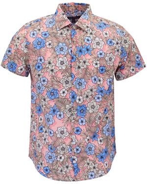 lords of harlech Scott Tropical Mix Coral Printed Button Up Shirt - Blue