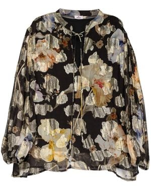 Niza Floral Print Gathered Sleeve Blouse - Black