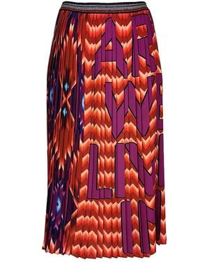 Lalipop Design Geometric Pattern With Fuchshia Logo Print Pleated Midi Skirt - Red