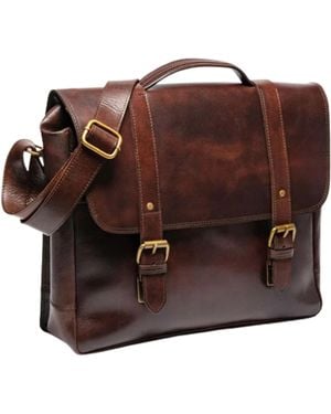 Hides Leather Co. Leather Briefcase With Leather Strap, Messenger Laptop Case - Brown