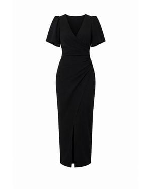 Girl In Mind Freya Puff Sleeve Wrap Neck Ruched Midi - Black