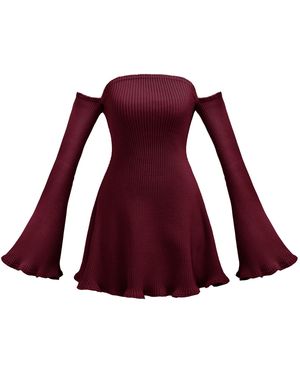 Kargede Burgundy Off-Shoulder Rib Knit Jumper Dress – Flared Sleeves