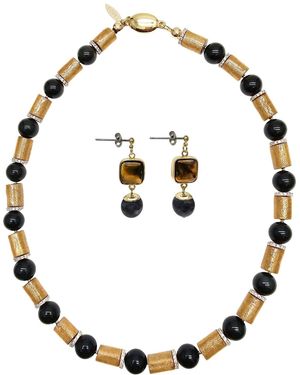 Farra Golden Coral And Obsidian Jewelry Set - Black