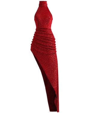 Kargede Sparkly Maxi Dress – Asymmetrical Hem, Bodycon Fitted - Red