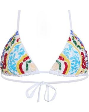 Self-Adore Limoncello Hand-Beaded Embellished Bikini Top - Blue