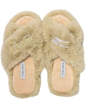 Yomisma Neutrals Eco Faux Fur Slippers With Blessed & Angel Wing Brooches - Natural