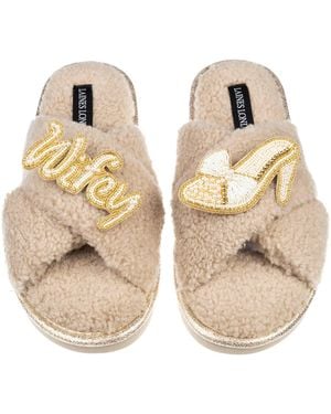 Laines London Neutrals Neutral Boucle Slippers With Wifey & Wedding Heel Brooches - Natural