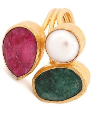 Ebru Jewelry Sacred Calm Trio Gemstone Adjustable Ring - Green