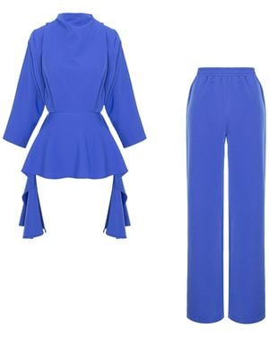 concept A trois Royal Suit – Structured Blouse And Elegant Wide Leg Trousers Set - Blue