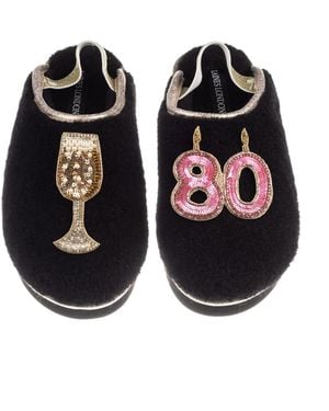 Laines London Flatform Cloud Closed Toe Slippers With 80Th Birthday & Champagne Glass Brooches - Black