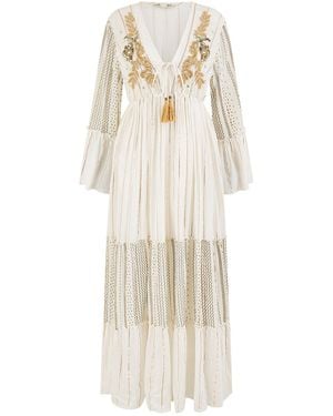 Yumi' Metallic Embellished Maxi Dress With Long Sleeves - Natural